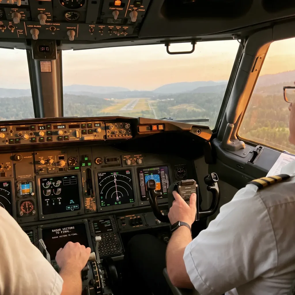 The cockpit of an airplane during a landing approach, with two pilots operating the aircraft. The cockpit window shows a runway and surrounding terrain, and the instrument panels are illuminated with various controls and displays.