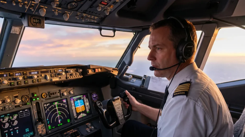 A pilot wearing a headset and uniform is seated in the cockpit of an airplane, concentrating on flying. The cockpit features various instruments and control panels. Through the window, a sunset or sunrise is visible, indicating the plane is at a high altitude.