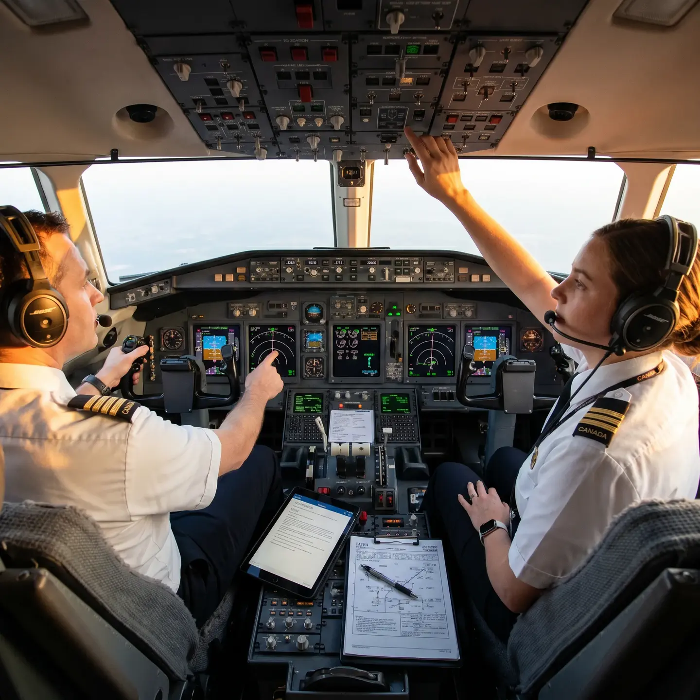 Two pilots in the cockpit of an airplane wearing headsets and uniforms. One is pointing at the controls, while the other adjusts switches on the overhead panel. The cockpit features various screens, switches, and panels, along with a tablet and some papers on the console.