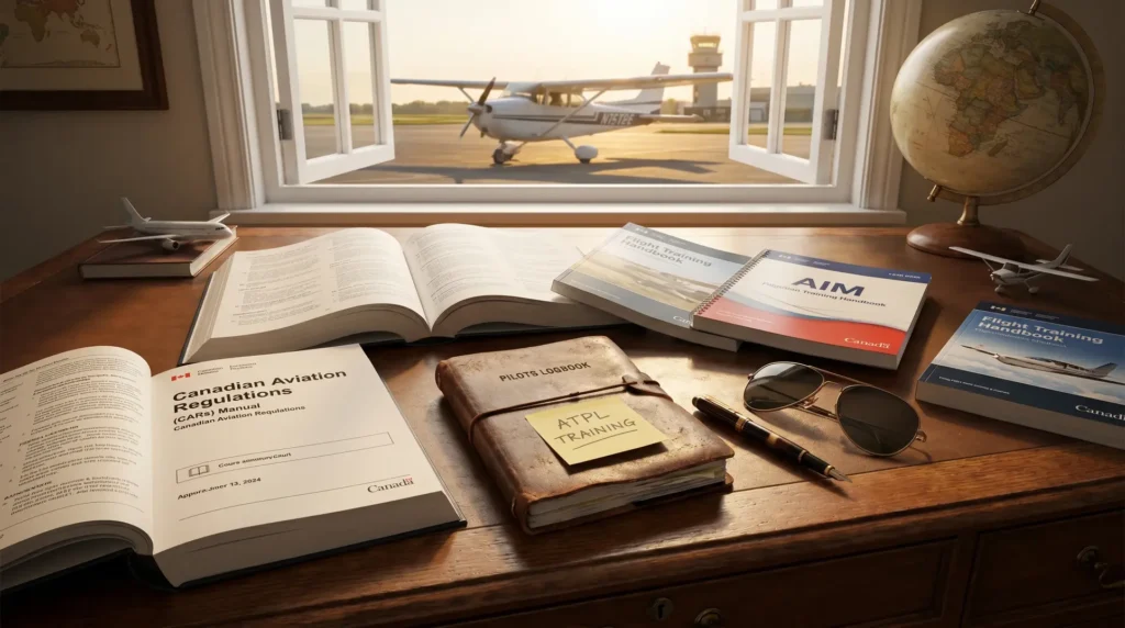 A desk with aviation-related materials including a 'Canadian Aviation Regulations' book, a 'Pilot's Logbook,' an 'AIM Pilot's Training Handbook,' and a 'Flight Training Handbook.' The desk also has a globe, sunglasses, a pen, and model airplanes. Through the open window, a small airplane and a control tower are visible at an airfield, indicating a pilot training or aviation study setting.