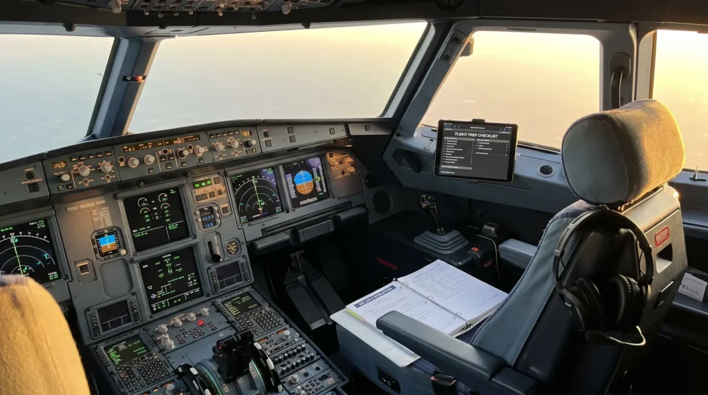A well-lit cockpit of a modern commercial airplane featuring control panels, instruments, and displays essential for flight operations. Through the windows, a partial view of the sky is visible. A flight checklist is displayed on a tablet, and a headset rests on the seat.