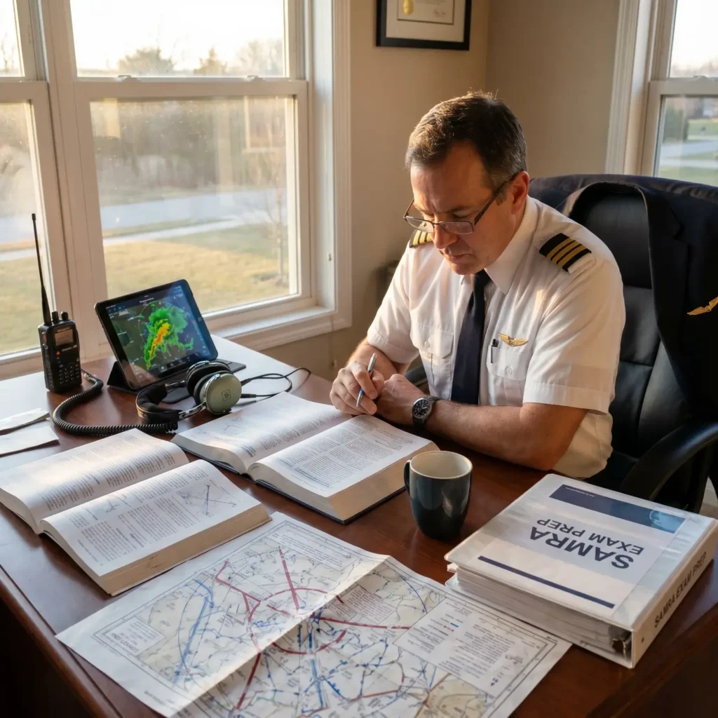 A person in a pilot's uniform sits at a desk, studying with a book open and writing notes. The desk is filled with items including additional books, a tablet showing a weather radar, a radio, headphones, a map or chart, a coffee mug, and a folder labeled 'SAMRA EXAM PREP.' The setting appears to be a home or office near a window with a view outside.