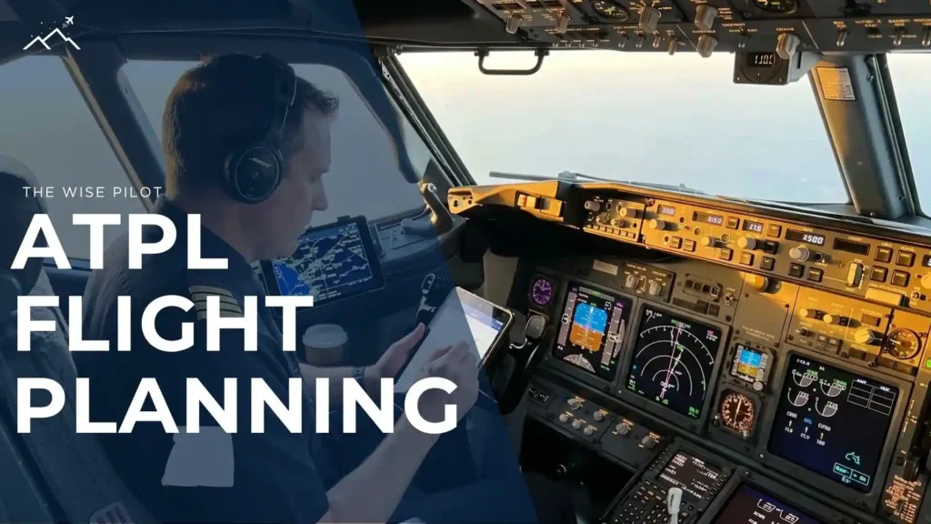A pilot is seated inside the cockpit of an airplane, wearing headphones and focusing on a tablet device. The cockpit is equipped with various instruments and control panels, including a digital display showing flight information. The lighting suggests it is during sunrise or sunset.